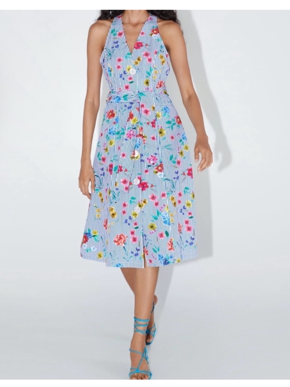 Zara blue stripe floral halter midi dress